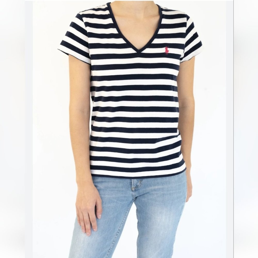 🛥️ Ralph Lauren Navy and White Striped Short Sleeve Tee